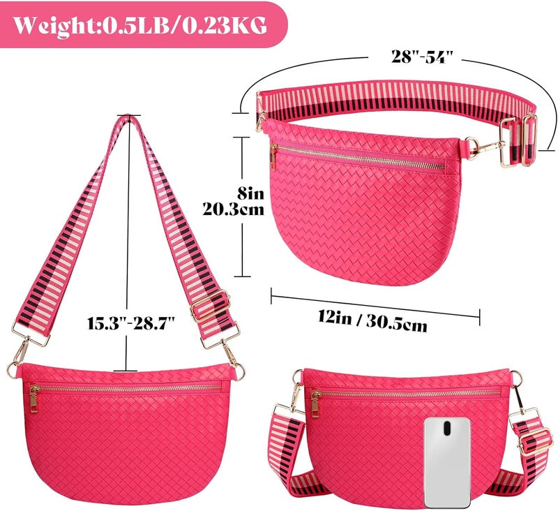 Dealkion Woven Crossbody Bags for Women Leather Belt Bum Sling Purse Fanny Waist Pack Chest Shoulder Bag for Women-Pink - Image 3